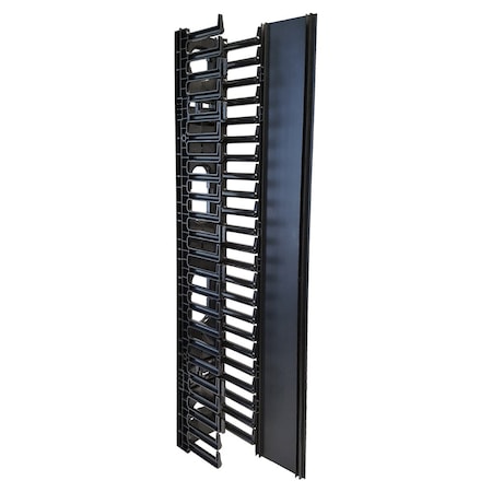 Quest Mfg Vertical Large Finger Duct With Hinged Cover for Open Racks, 170-200 Cables, 22.5U, Black VF-04-200H
